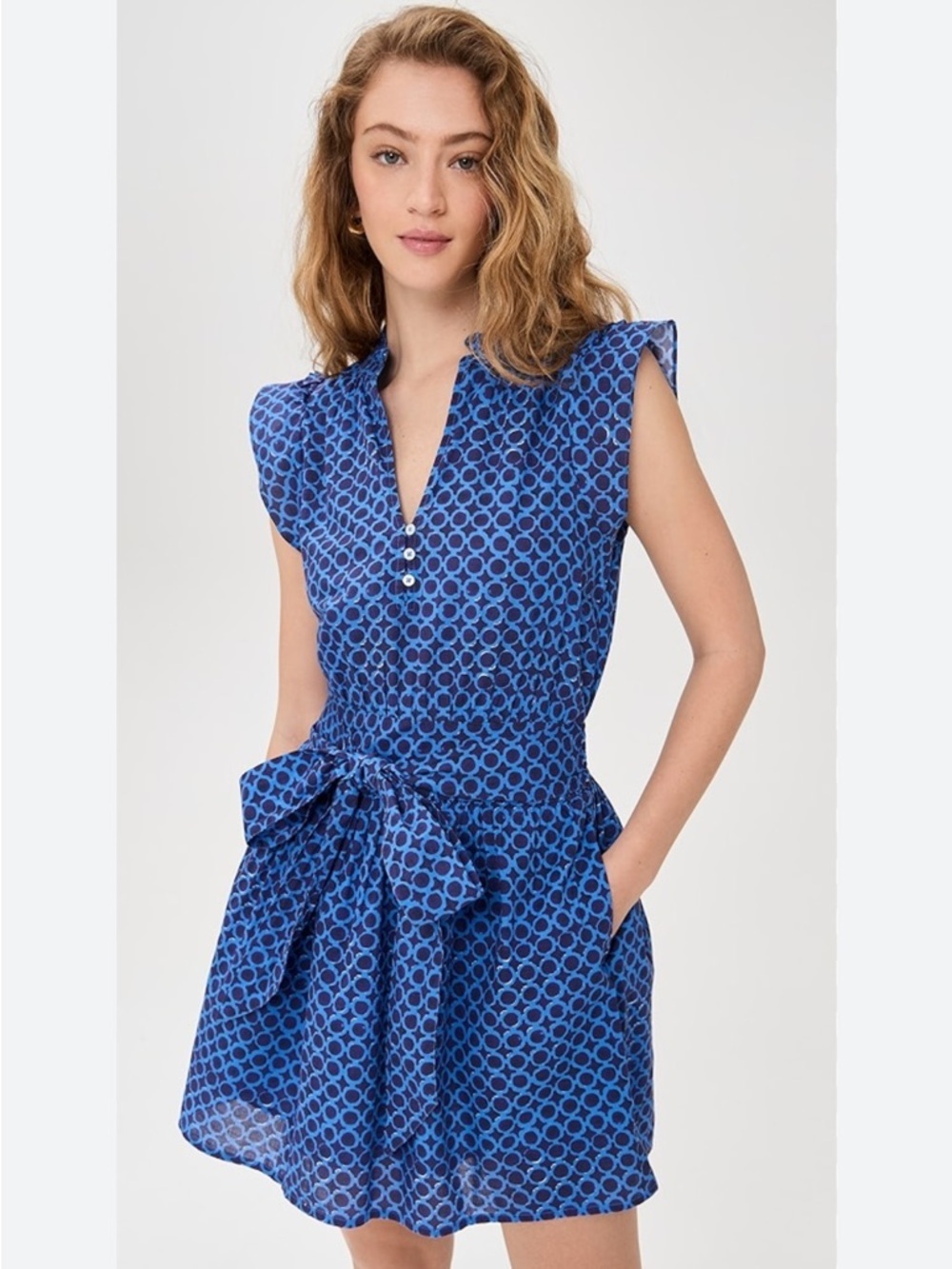 MAREA Liz Dress Blue Porto Cotton Mini Size Small Ruffle Sleeve
